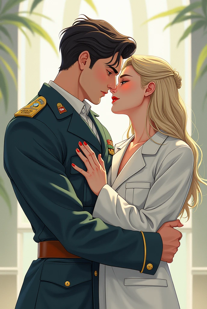 manhwa, A domineering soldier is forcibly holding a beautiful male scientist in his arms, handsome, male-male love, bright fresh asmosphere, boylove