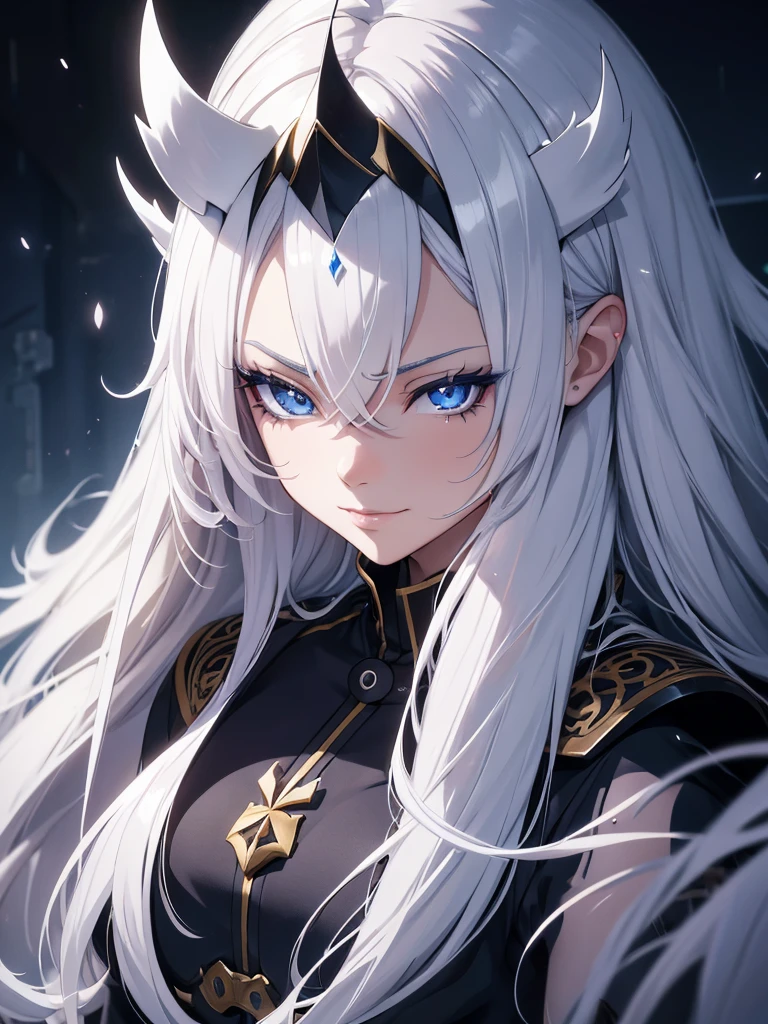 a close up of a young female anime character with long white hair, beautiful detailed eyes, beautiful detailed lips, extremely detailed face, longeyelashes, holding a sword, dark grey hair, silver hair, blue eyes, inspired by Okumura Togyu and Okumura Masanobu, tall, slim, elegant, dramatic lighting, cinematic, detailed, hyperrealistic, 8K, high resolution, photorealistic, masterpiece