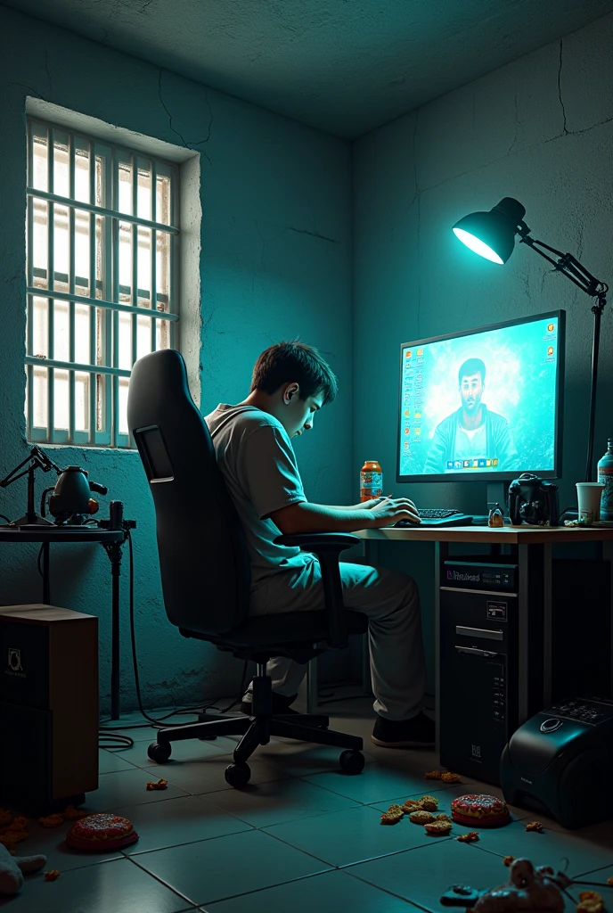 A prison cell that have a gaming set up ld light, foods,and showing the cells and make it beautiful and guards looking at you from every direction and you sweeting. And show the prison cell door