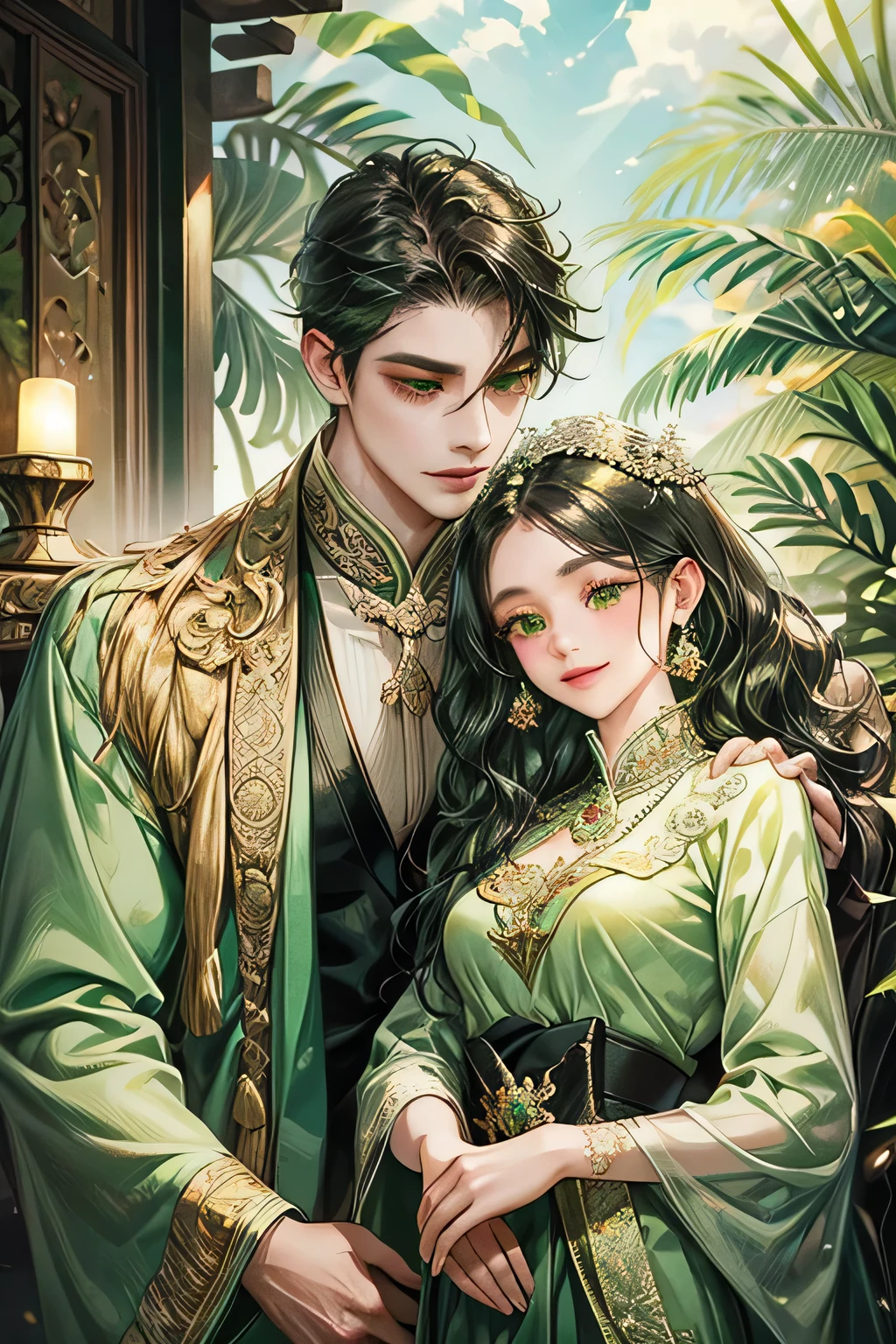 couple, javanese style, smile and charming, quiet but gentle, green attire suit, light green eyes, black hair, black wavy hair, kebaya, indonesia temple, javanese style,masterpiece, detailed eyes, detailed body, accurate