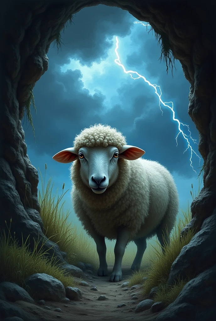 A SHEEP COMING OUT OF A HOLE IN THE GROUND, DARK SKY WITH LIGHTNING AND STORM .