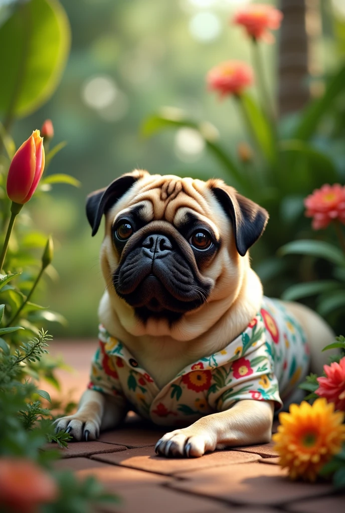 A pug in a lush tropical garden, wearing an open shirt with a floral print, with a close-up capturing the harmonious beauty showing its natural charm and outgoing personality to color