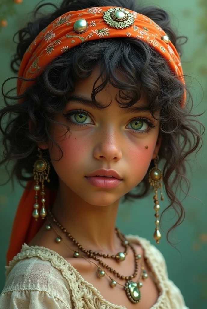 girl, with curly hair with bandana, short layered hair, light blacks, with ornament and beads in the hair, greeneyes, brown skin