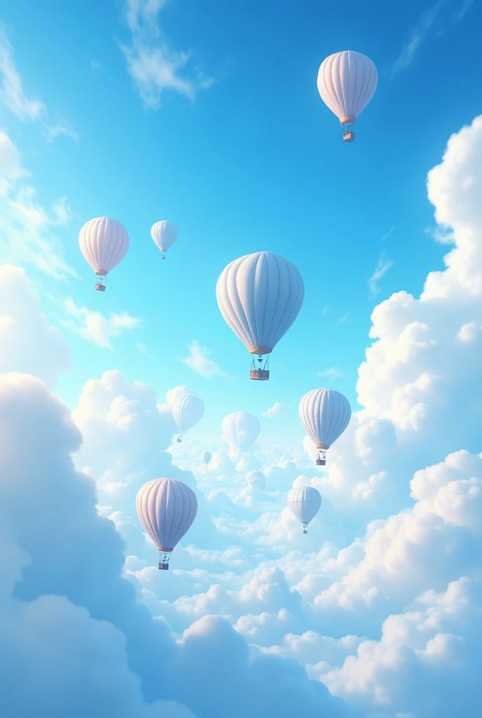 sky with many clouds animated blue and white with many hot air balloons in white and blue