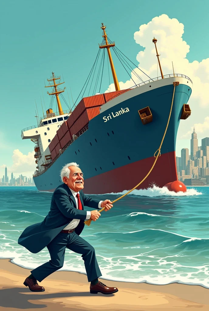 A cartoon image of an aged businessman with coat and suit pulling  a drowning cargo ship named Sri Lanka to shore of city 
with rope on his shoulders
