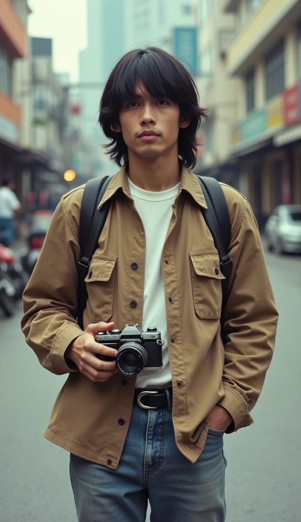 full body shot, a man with shoulkder length black hair, wearing casual clothes from 1982, Some photographs circa 1982, street photo in Bandung city.  showing all body, Photograph with pockets camera, Kodak colour, Purpleish, face looking to viewer, white skin, full body photos, 