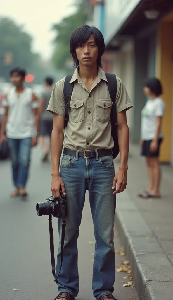 full body shot, a man with shoulkder length black hair, wearing casual clothes from 1982, Some photographs circa 1982, street photo in Bandung city. showing all body, Photograph with pockets camera, Kodak colour, Purpleish, face looking to viewer, white skin, full body photos,