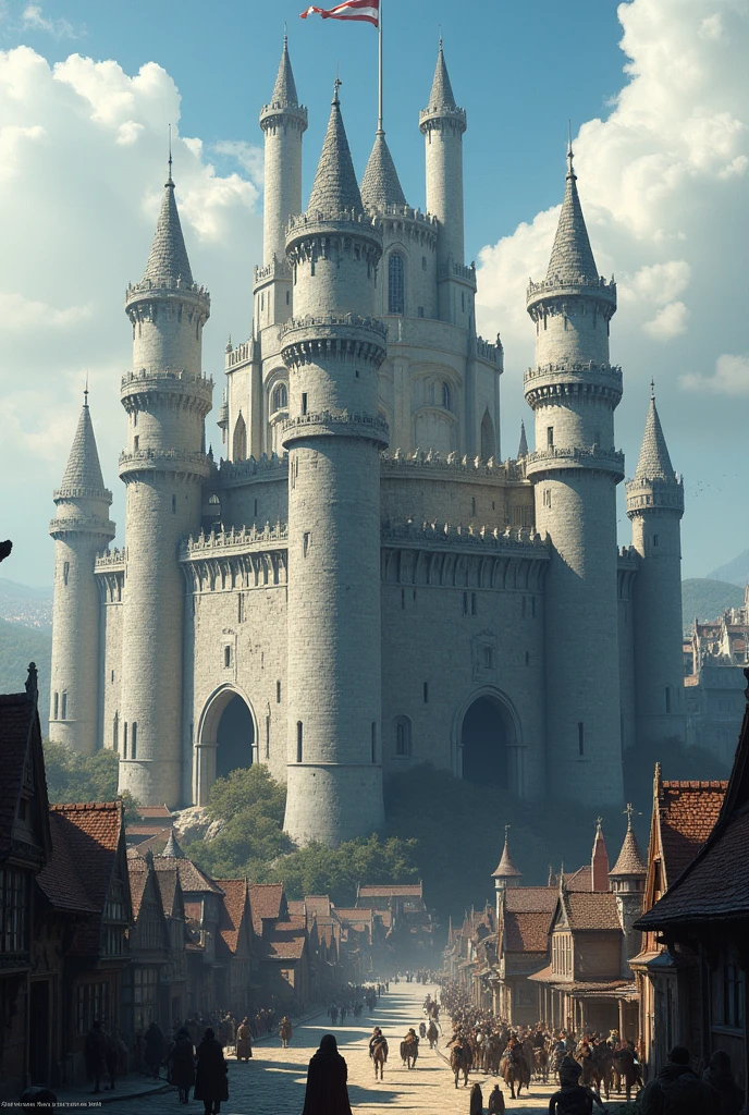 Create a huge medieval white fortress with 5 huge towers and connecting towers above the fortress,  in the center of a medieval city seen from afar
