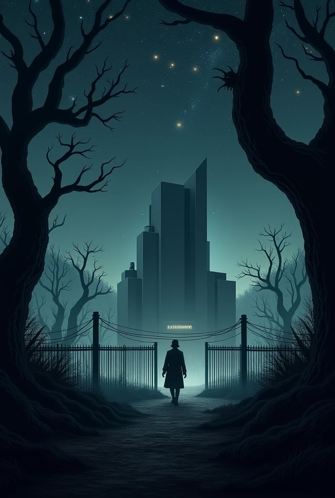 A dark place with trees, stars and a building resembling a military base covered by a fence