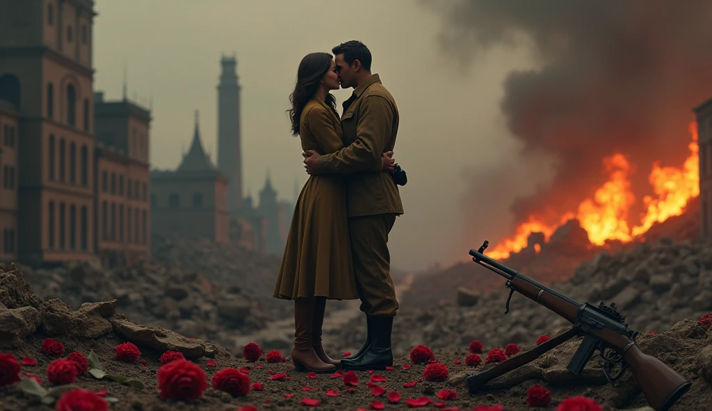 1914; (masterpiece, best quality) destroyed city roses on the floor(Los Angeles); flowers on the ground; 1American soldier couple kissing looking Down(close-up);firearm on the floor.; fire around.