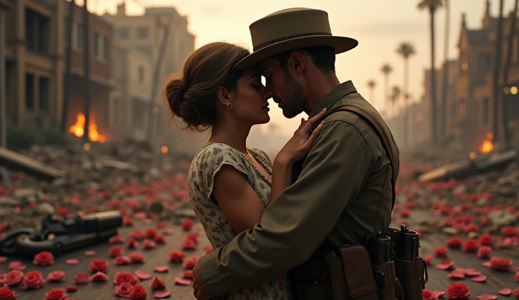 1914; (masterpiece, best quality) destroyed city roses on the floor(Los Angeles); flowers on the ground; 1American soldier couple kissing looking Down(close-up);firearm on the floor.; fire around.