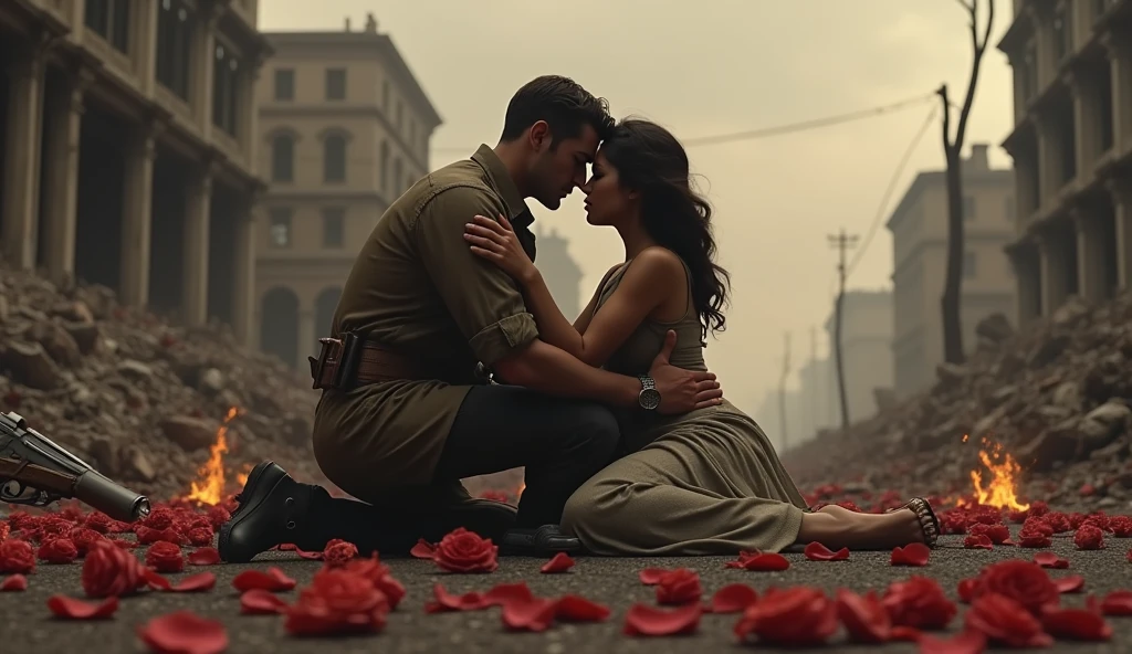 1914; (masterpiece, best quality) destroyed city roses on the floor(Los Angeles); flowers on the ground; 1American soldier couple kissing looking Down(close-up);firearm on the floor.; fire around.