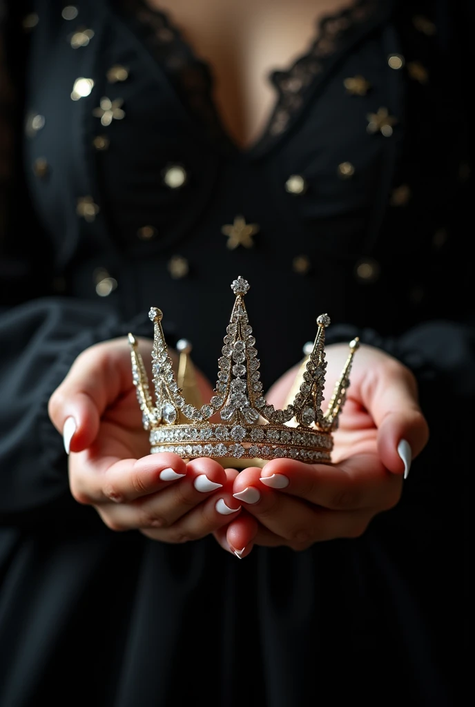 (bookcover) a soft hands holds a wedding crown, black background with sparkles. Make the crown bigger and the nails pretier