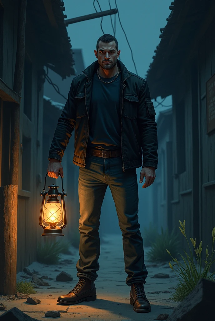 Create an anime style drawing of a man in a black jacket, jeans escuros, boots and holding an old lantern 