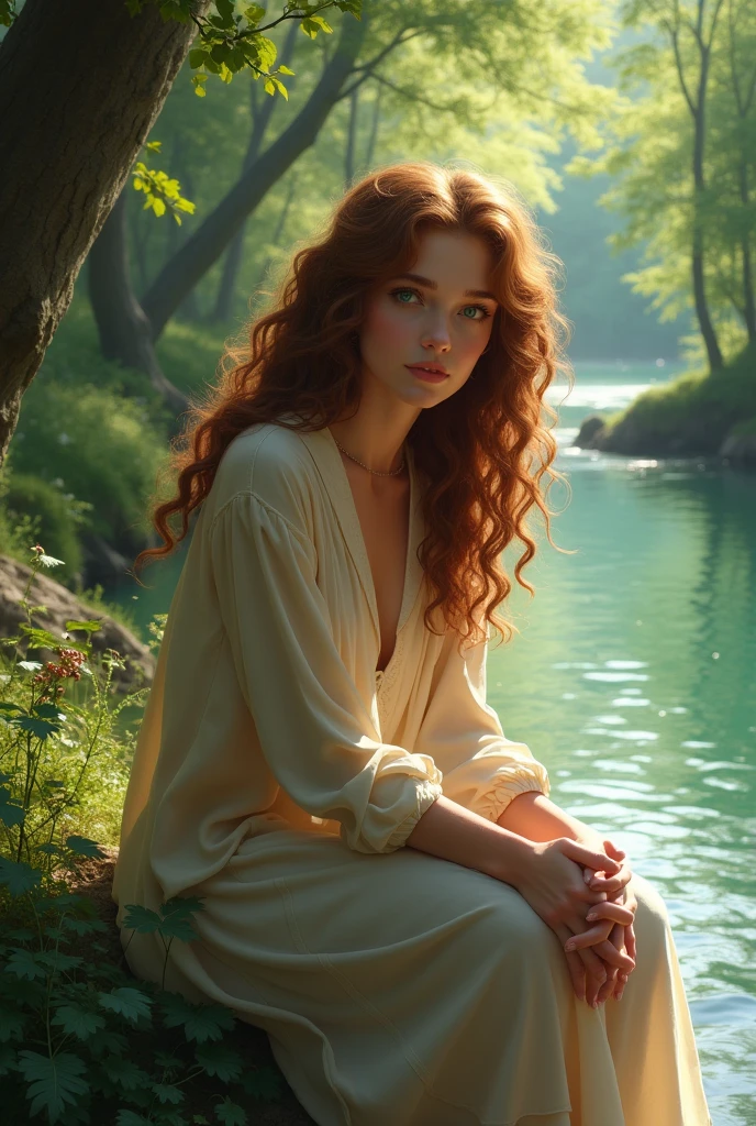 A woman with curly hair and green eyes sitting on the edge of a river 