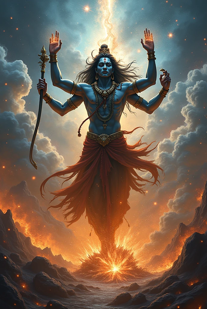  “A dramatic portrayal of Shiva in his destructive form during the dance, symbolizing the end of the universe. The background is filled with scenes of chaos—planets disintegrating, stars collapsing, and cosmic storms raging. Shiva stands at the center, his expression fierce and powerful, embodying the force of destruction.”