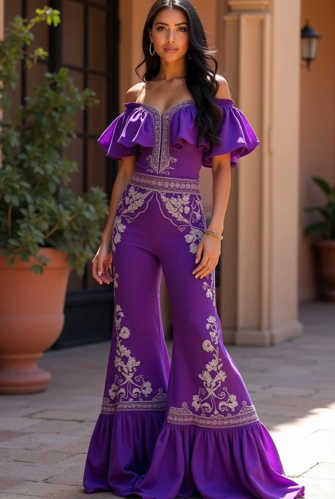 Create a purple costume sketch (a one-piece pants based on the typical skirt clothing of Mexico with the top part off the shoulder) that the pants can be seen WITHOUT cleavage