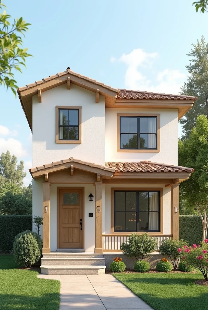 Create a front of an house for a family the colors will be light and looks a bit modern in a village dont make this look too modern