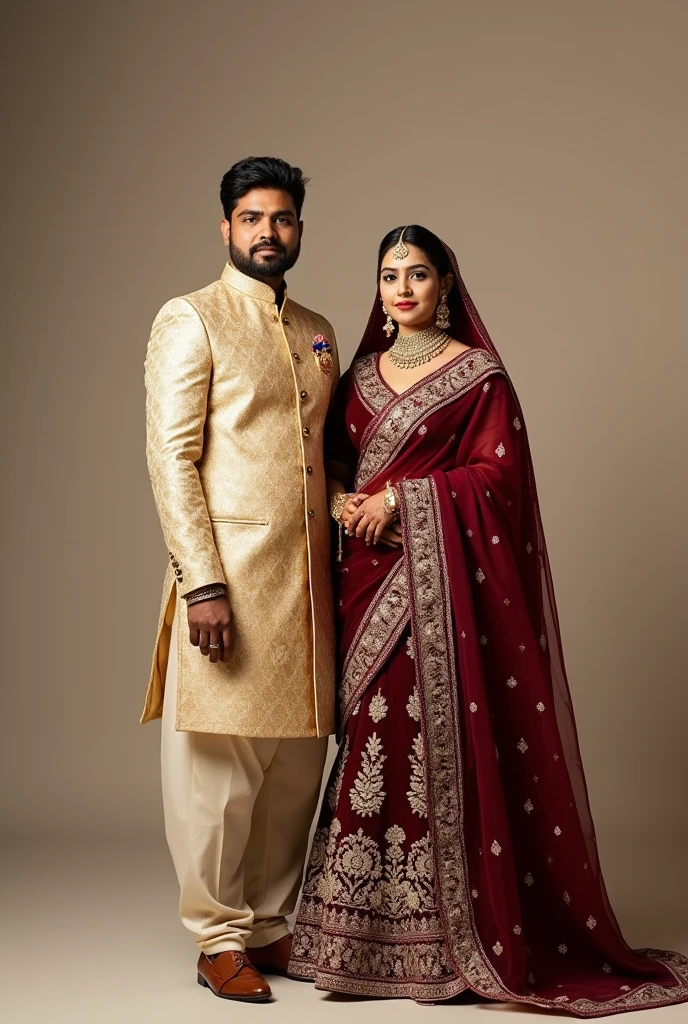 A portrait picture of an indian couple with wedding attire with the groom in gold attire and the bride with an elegant wine red coloured saree. Both facing the front