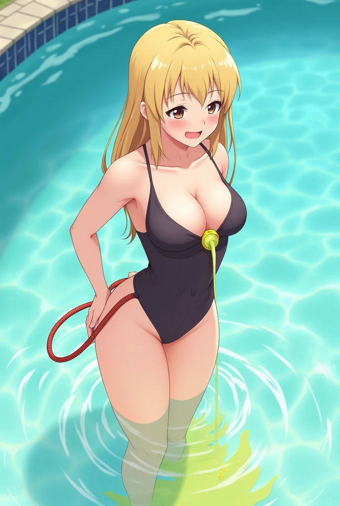 Anime, girl, girl in a swimsuit, girl in a swimsuit with a tube that is inserted into a swimsuit, pees, pees herself, pees with yellow urine, pees into a tube that is inserted into a swimsuit, yellow urine flows from a tube that is inserted into a swimsuit, urine flows into the pool, bright yellow urine dissolves in the pool