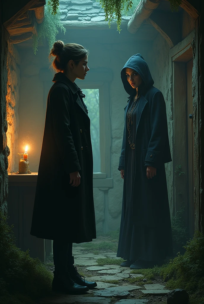 Female investigator in long coat talking to scary witch woman inside creepy cottage