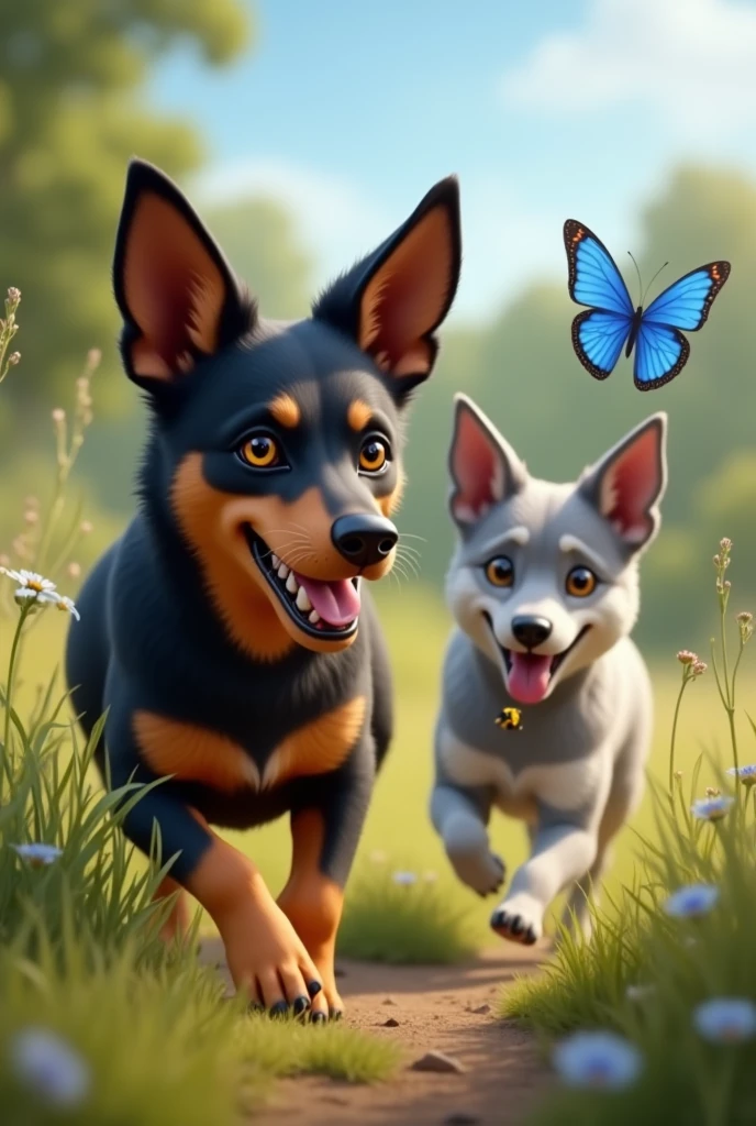 black brown australian kelpie dog just these colors and with a little bee on its nose, and a gray Australian cattle dog chasing a blue butterfly