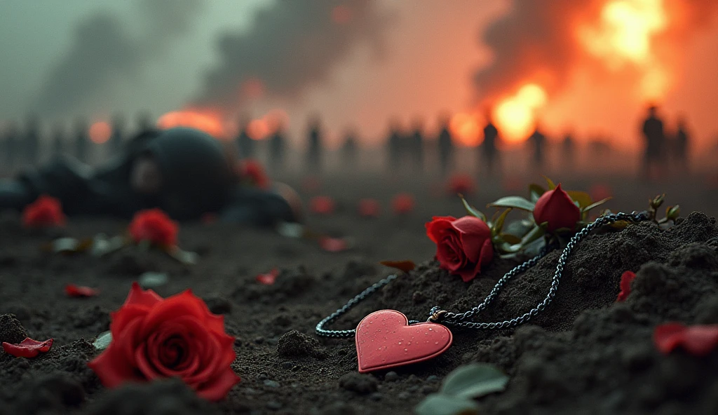 2024; (masterpiece, best quality) destroyed farms roses on the floor; flowers on the ground; necklace with a love heart in Down(close-up); bombs falling from the sky.; fire around; ; soldiers dead on the floor.