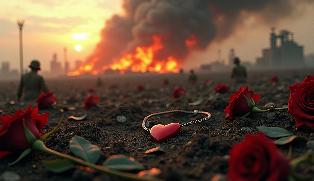 2024; (masterpiece, best quality) destroyed farms roses on the floor; flowers on the ground; necklace with a love heart in Down(close-up); bombs falling from the sky.; fire around; ; soldiers dead on the floor.