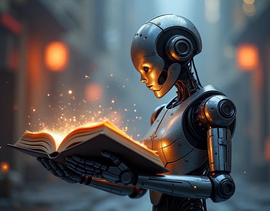 Make me an AI banner of stories of all things and that holds a book in its hands reading it in a striking way and that is a robot
