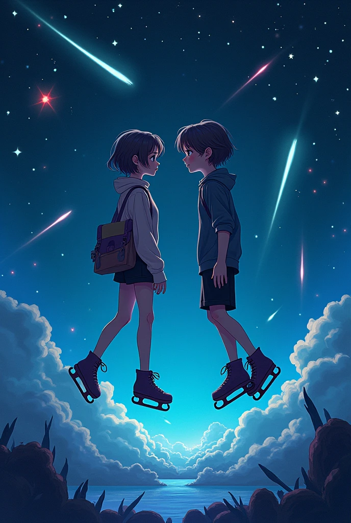 create an animated image, fantasy themed, that it is night in the background, illustrations as if under the effects of drugs, with a girl with short wavy hair and a boy with short, straight hair, that they are floating staring at each other, with grunge clothes, and they are barely noticeable, with stars, and shooting stars, with love graffiti and 2 skates