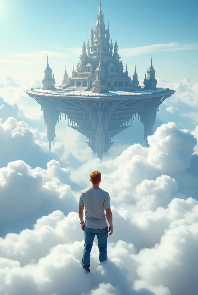 The endless plain of clouds. A 40yr old man with reddish-blonde hair wearing a t-shirt and jeans, strong posture. He is between the fluffy white clouds, knee-deep in clouds, and looking at a beautiful, magnificent flying fantasy city with intricate details. The city is floating in the air above the clouds. The city has a heptagonal symmetrical shape, the corner towers are connected to the central part by galleries and passages. The city is both a defensive structure and a masterpiece of architecture. It has a futuristic look, but at the same time fantasy fairy tale outlines. ((masterpiece, highest quality, Highest image quality, High resolution, photorealistic, Raw photo, 8K)), ((Extremely detailed CG unified 8k wallpaper)), seen from behind,