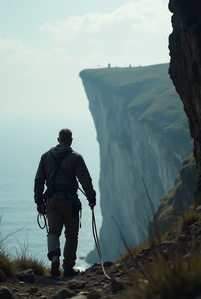 A 30-year-old man walks toward the edge of a cliff holding onto a rope