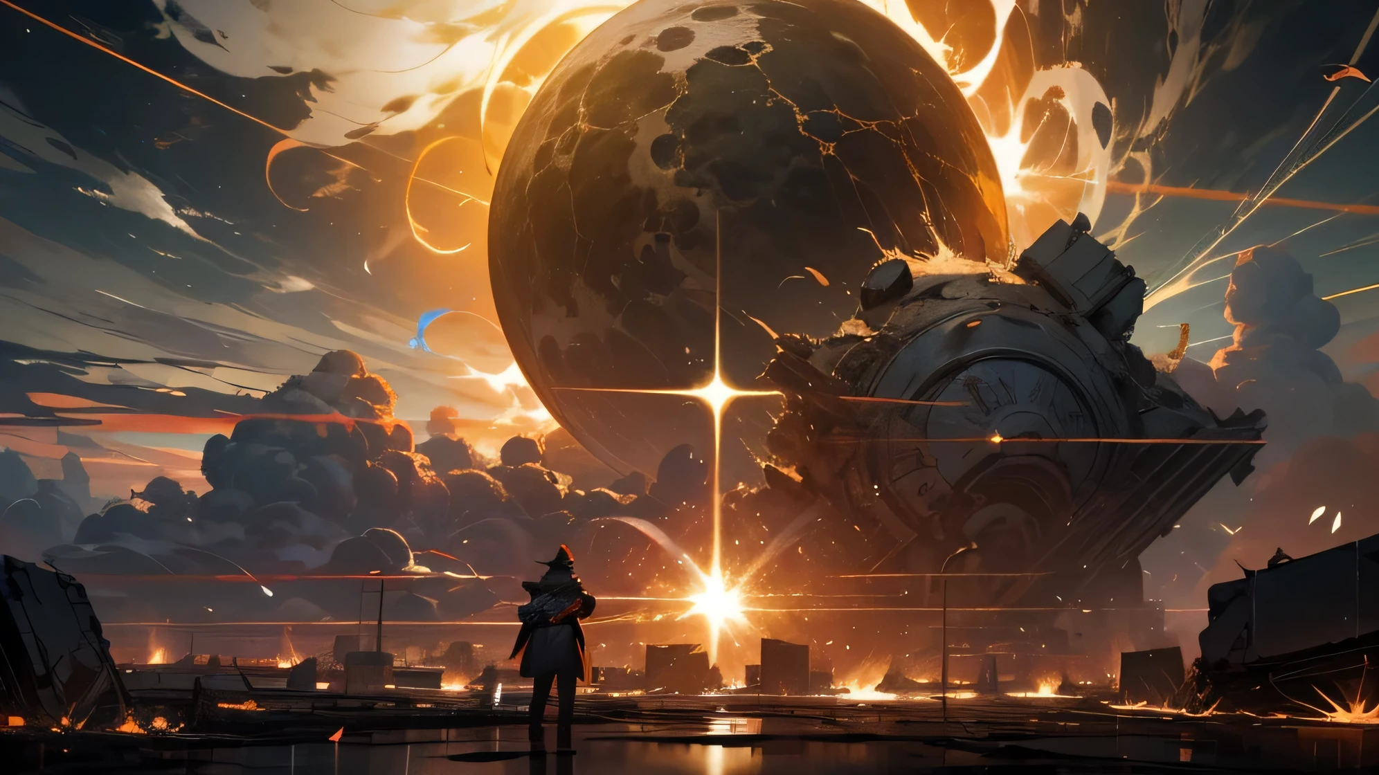 Illustrate a dynamic scene from a colored manga where Earth is in ruins, engulfed in chaos and disasters. The sky is dark and filled with ominous clouds, while the ground is fractured with cracks, spewing fire and smoke. In the midst of this apocalyptic environment, the protagonist, Huang Su, stands at the center, narrowly avoiding an arrow aimed at his heart by swiftly turning 30 degrees. A digital "Crisis Deduction System" interface floats next to him, showing the countdown and deduction process in vibrant, glowing colors. Huang Su's expression is intense, reflecting both the tension and his resolve to survive. In the background, various deadly hazards like collapsing buildings, floods, and swirling tornadoes are depicted with vivid colors, highlighting the dangers surrounding him. The final panel features the sun beginning to explode, with the sky cracking open and a portal appearing, leading to another world. The atmosphere should convey a sense of impending doom and the desperate race against time, with bright, contrasting colors emphasizing the chaos and danger.
