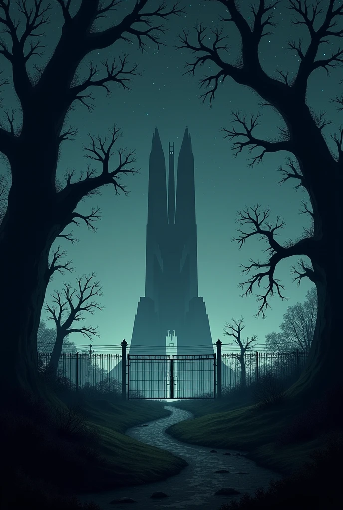 A dark place with trees, stars and a building resembling a military base covered by a fence