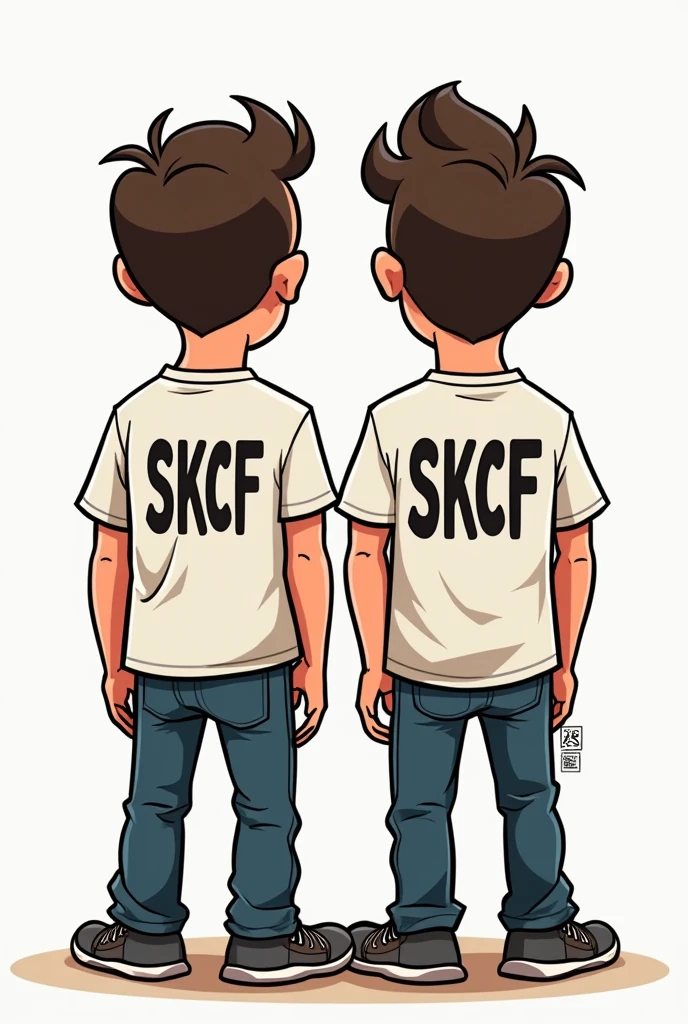 Two mens with a t Shirt written SKCF point cartoonised image back view 
