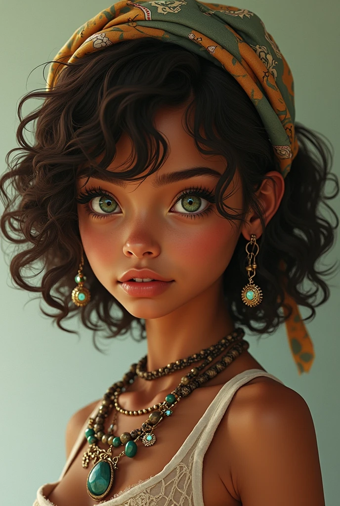 girl from , with curly hair with bandana, short layered hair, light blacks, with ornament and beads in the hair, greeneyes, brown skin