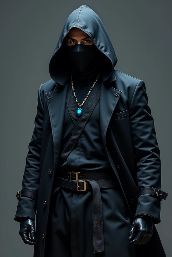 Man cote and black belt black mask black shoes black glubes black huddi blue necklace