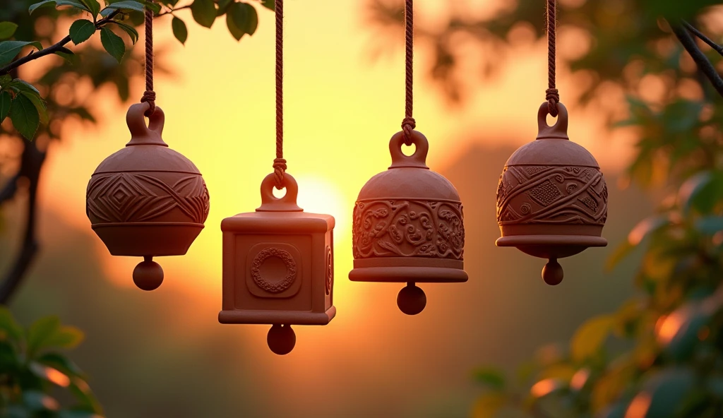 (photorealism:1.2), photo of four clay bells with carved patterns, different shapes, hanging on a long rope at sunset. 2 bells in the foreground and 2 square bells in the background. photo taken through foliage. trees in the background. add leafs on front, realistic, intricate details, warm colors, by Greg Rutkowski, by Alphonse Mucha