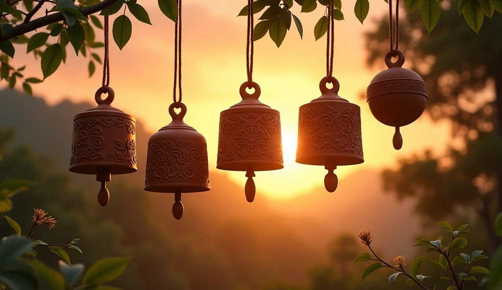 (photorealism:1.2), photo of four clay bells with carved patterns, different shapes, hanging on a long rope at sunset. 2 bells in the foreground and 2 square bells in the background. photo taken through foliage. trees in the background. add leafs on front, realistic, intricate details, warm colors, by Greg Rutkowski, by Alphonse Mucha