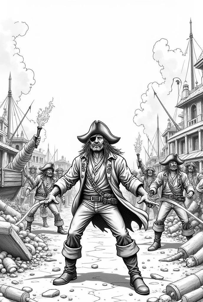 Create an easy to draw black and white drawing, of a pirate yelling at others , while they burn and kill people in a town that is around the sea.
Make the drawing easier to draw and not so realistic, Put an eye patch on one of the pirates&#39; eyes and put some destroyed things.
Place destroyed and burning things . Place swords and torches on the other pirates 