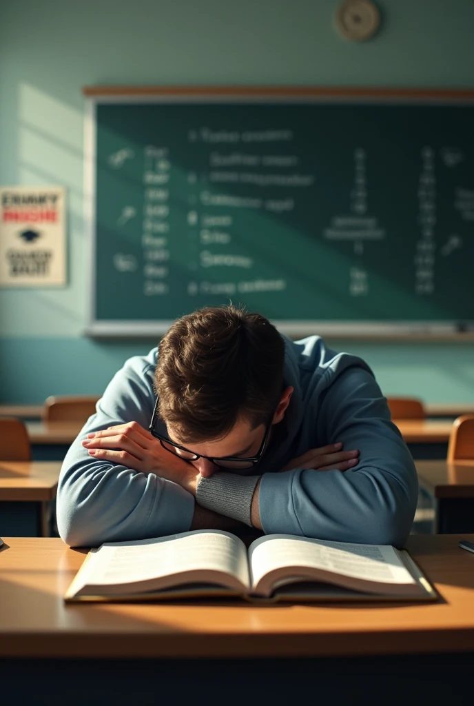 Image: the student (man)sits in an empty classroom, with head resting on the table. An open book is seen in front of him., but the student can't concentrate. A poster is seen on the wall that ANNOUNCES THE GRADUATION DATE