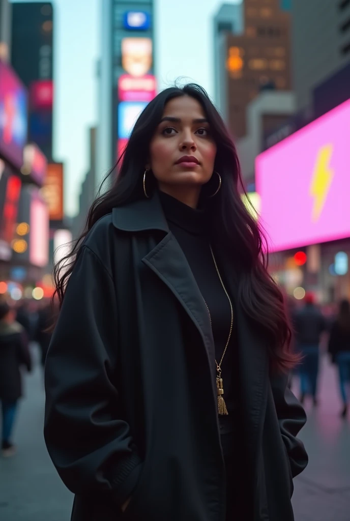 (4k) picture of beautiful black haired chubby Pakistani women in overcoat blushing at time square
