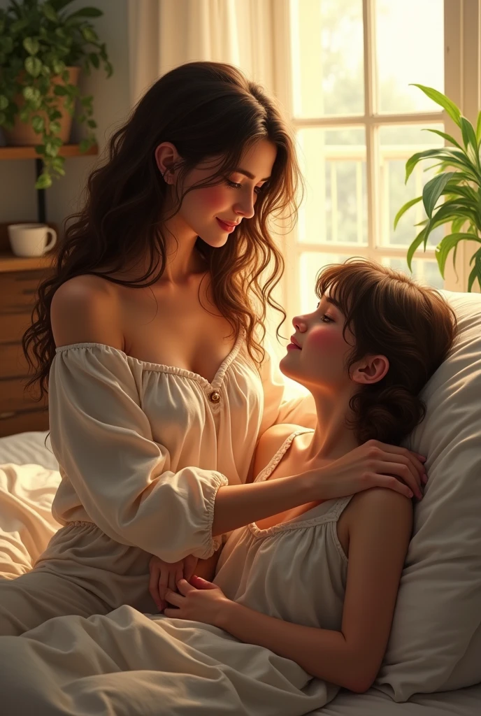 (photorealism:1.2), beautiful woman, changing diapers of a teenager, wearioose off-shoulder top, pajama pants, long curly hair, indoors, soft lighting, plants in background, window with sunlight, cozy room, relaxed pose, realistic, intricate details, warm colors, by Greg Rutkowski, by Alphonse Mucha