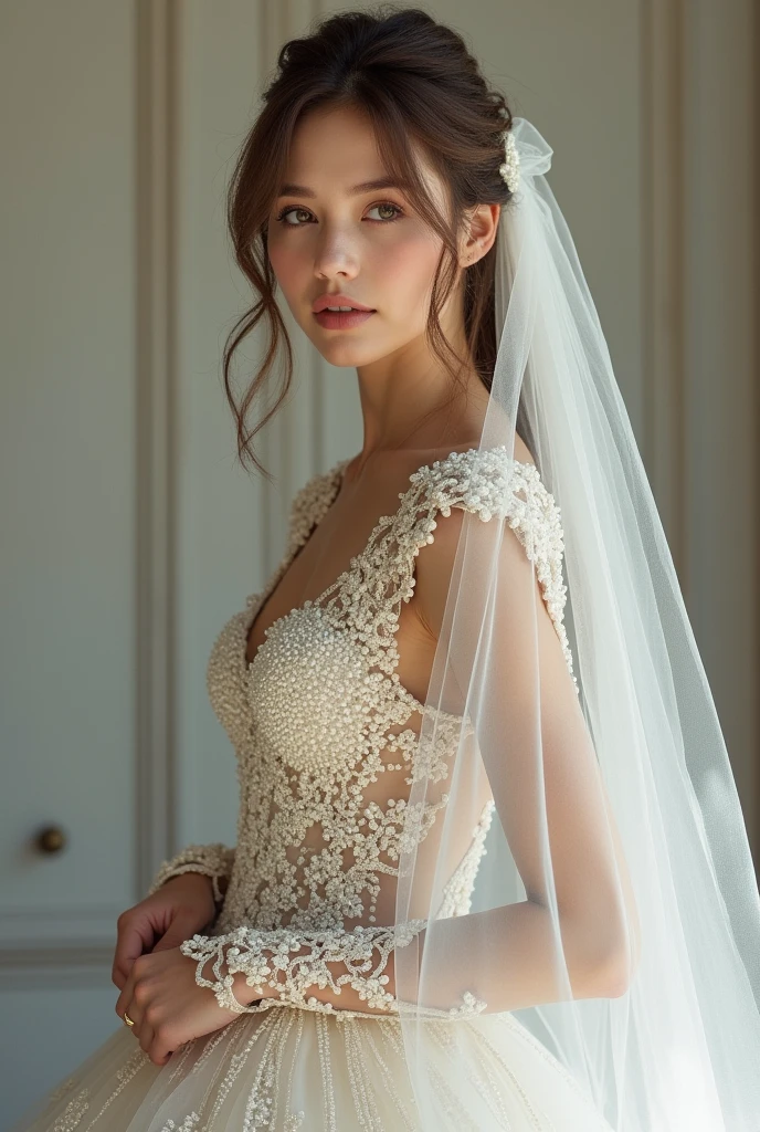 European woman model with veil . Wearing a pearl embroidered wedding dress. show full body. Extremely luxurious. 