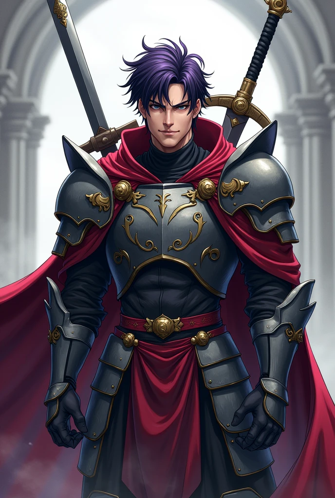 A character for my role-playing game has to look like this; man, noting that it measures 1.20cm tall, Tez blanca, hair between very dark purple and black, carrying a very large and heavy sword on his back, wearing semi-heavy armor without a cape, with a big arrogant smile, in the style of medieval anime role-playing, doing a pose of Josep Joestar from the anime jojos bizarre adventure, with medium musculature