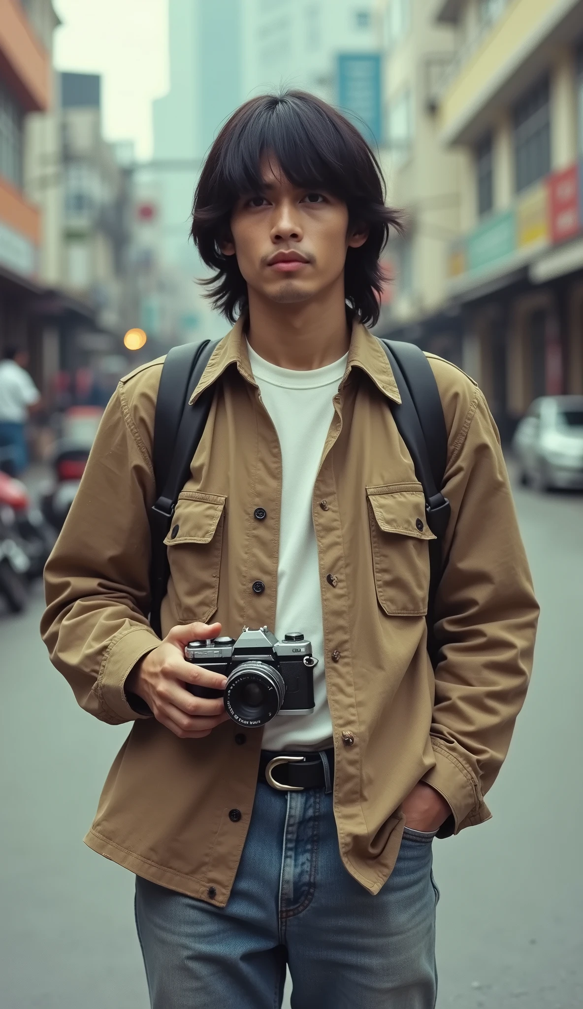 full body shot, a man with shoulkder length black hair, wearing casual clothes from 1982, Some photographs circa 1982, street photo in Bandung city. showing all body, Photograph with pockets camera, Kodak colour, Purpleish, face looking to viewer, white skin, full body photos,