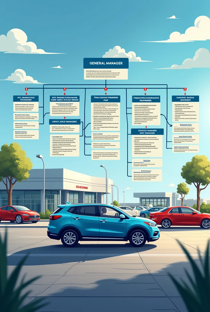 An organizational chart of the jobs of a car dealership