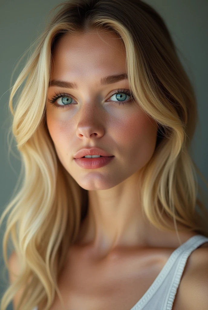 Real blonde woman 1 blue eyes simple chin long straight hair big lip thin nose big cheek