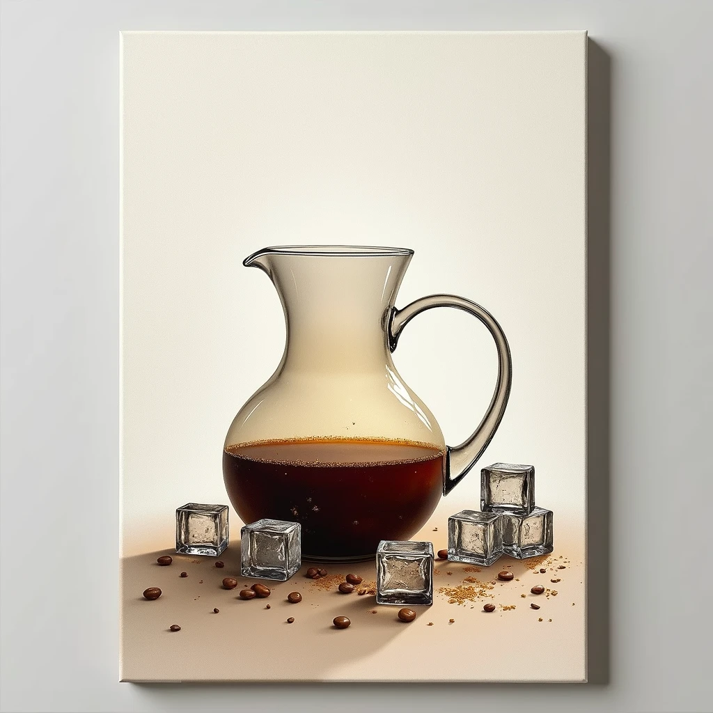 A serene scene capturing the essence of cold brew creation, featuring a sleek glass carafe with coffee steeping, surrounded by ice cubes, conveying the chill and tranquility associated with this brewing method, Artwork, mixed media on canvas,