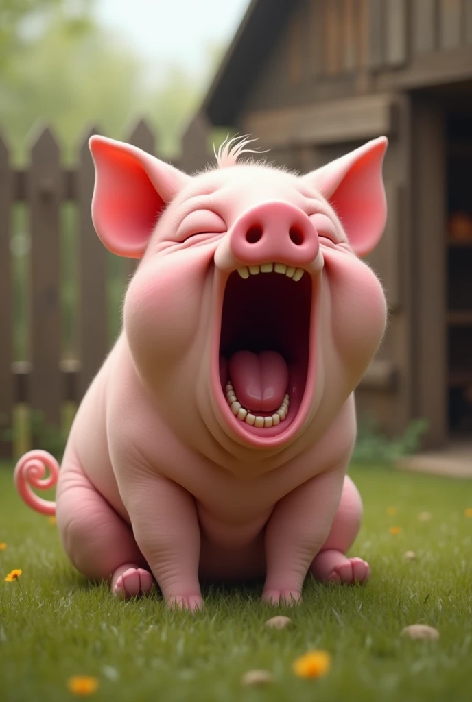 A pig yawning 
